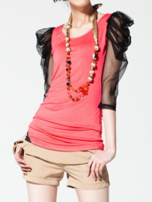 Women blouses pink with black sleeve